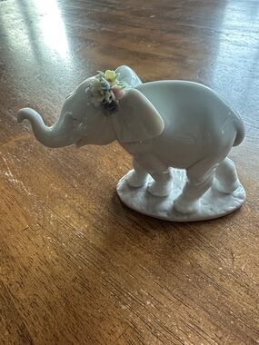Lladro White Porcelain Elephant Figurine with Pastel Floral Headpiece